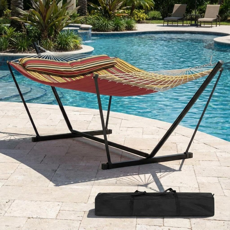 Double Hammock with Stand, 204KG Capacity Heavy Duty Hammock with Quilted Net, Detachable Pillow & Storage Bag, Portable for Patio, Pool, Garden and Camping,Green