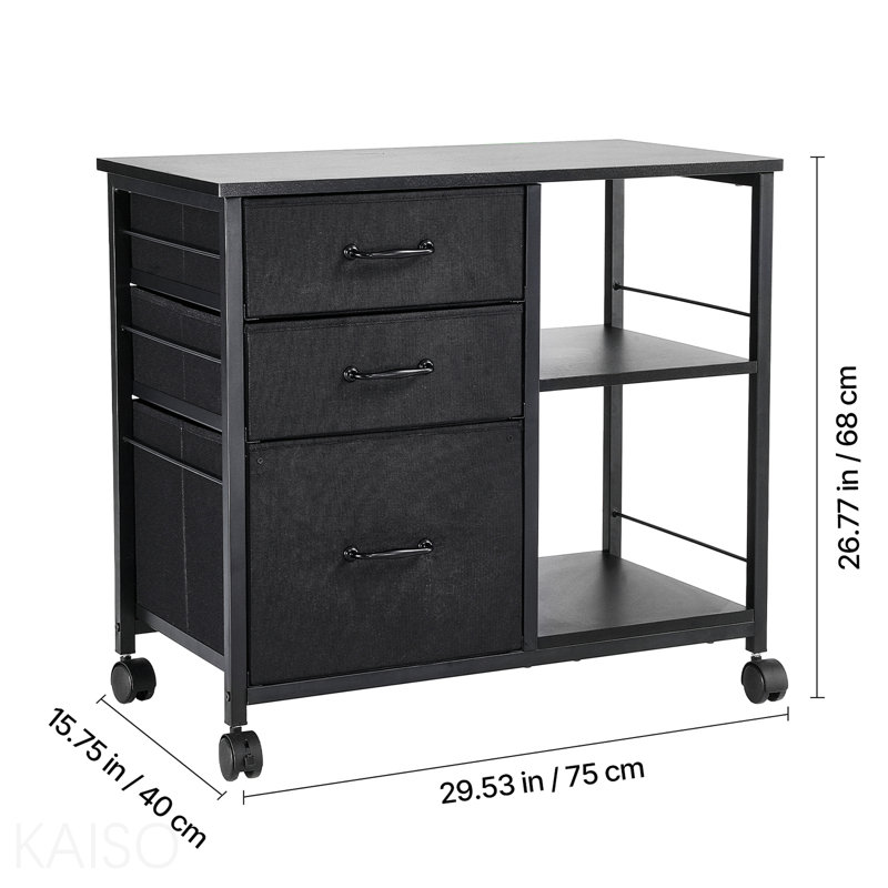 Black Mobile Metal File Cabinet With 3 Fabric Drawers And 2 Open Shelves, Black