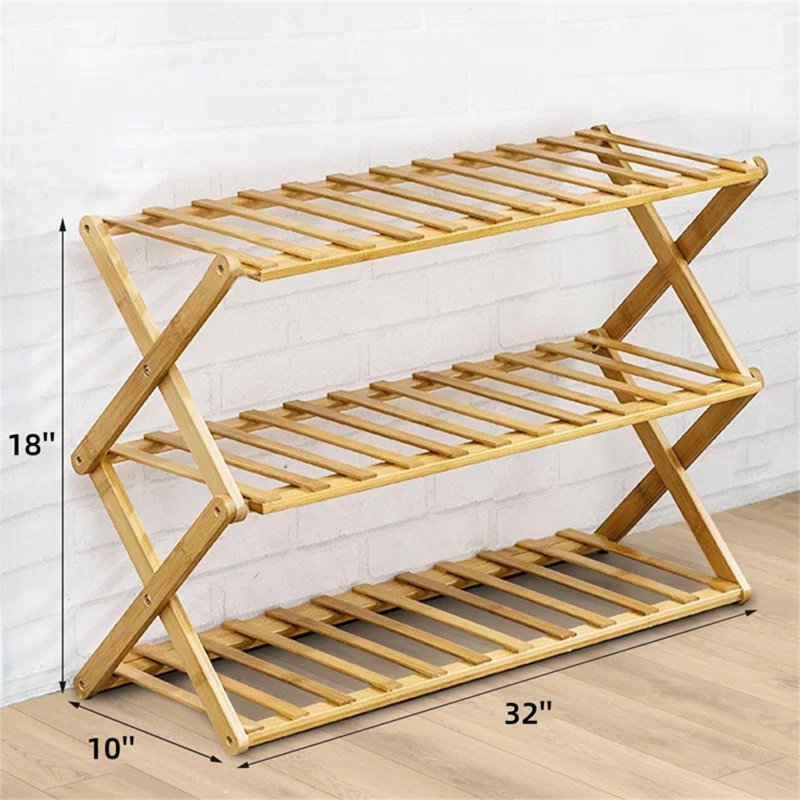 Bamboo Foldable Shoe Shelf with 3 Rows, Nature