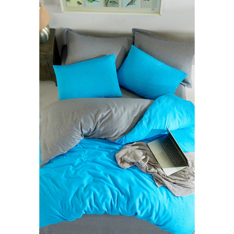 Ensemble de housse de couette en mélange de coton Gicel, Turquoise, Housse de couette double + 2 taies d'oreiller stan