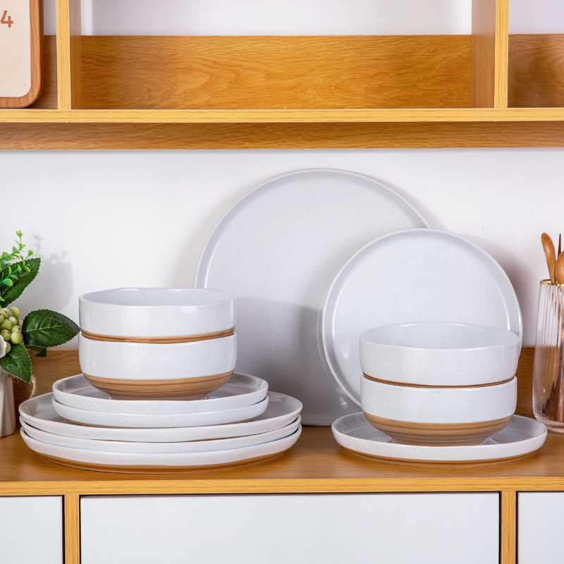 White and Terracotta Ceramic Dinnerware Set for 4, 12 Pieces
