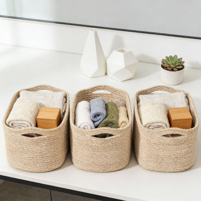 Woven Cotton Rope Storage Baskets, Set Of 3 Multi-Purpose Organizer Bins For Shelves In Living Room, Bedroom, Or Nursery, Handwoven And Foldable For Easy Storage