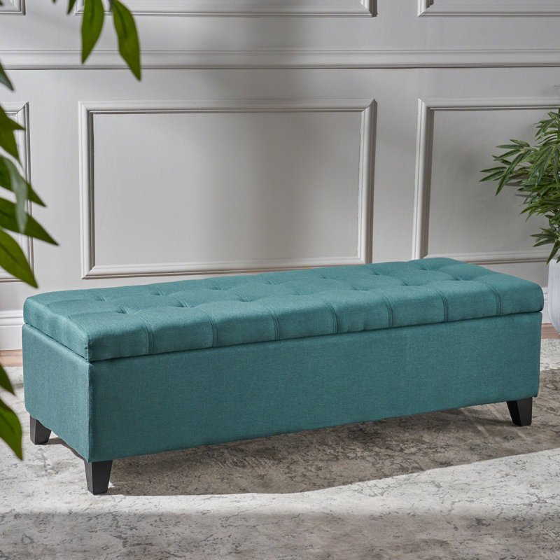 Repose-pieds de rangement rectangulaire capitonné de 50 po Idalynn, Bleu sarcelle foncé