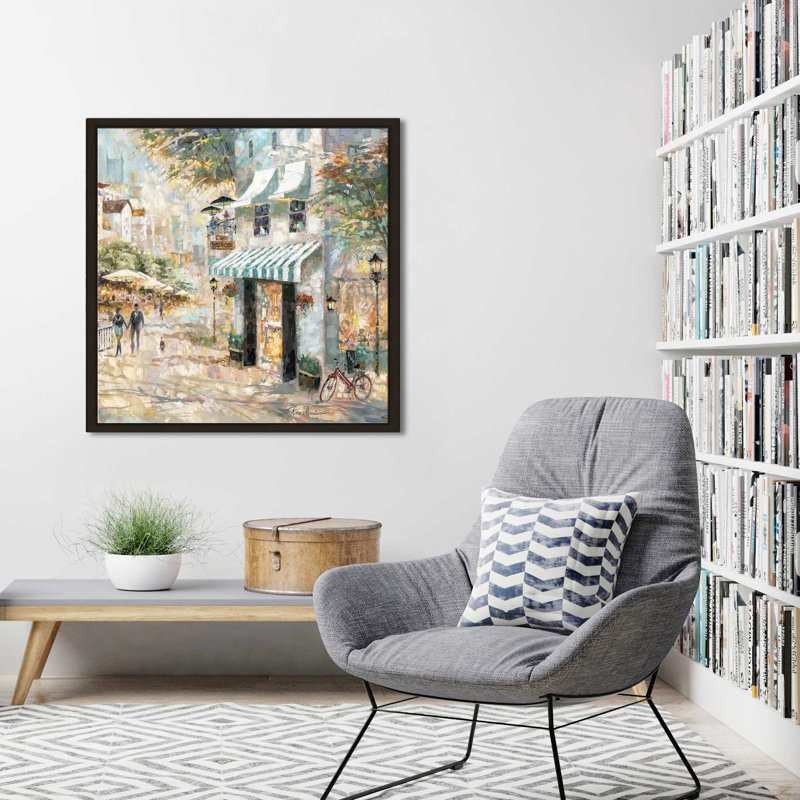 «Rooftop Cafê Détail II» par Ruane Manning - Peinture, Cadre flottant espresso, H 39,5 po x l 39,5 po x P 2 po