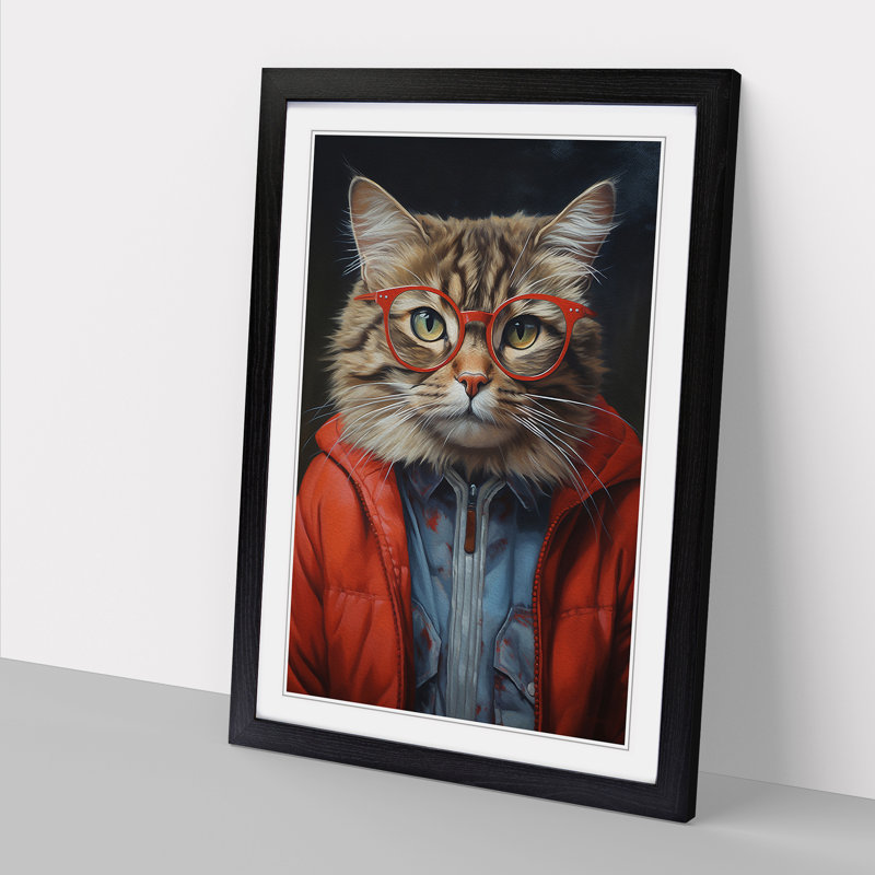 Cat With Glasses No.3 - Single Picture Frame Print on Wood, Black, 64cm H x 46cm W x 2cm D