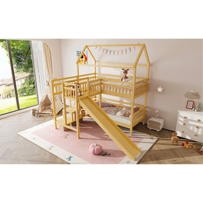 Lit simple superposé en forme de maison avec glissade, lit de jeu avec escalier de rangement, deux méthodes de placement, conception silencieuse, naturel