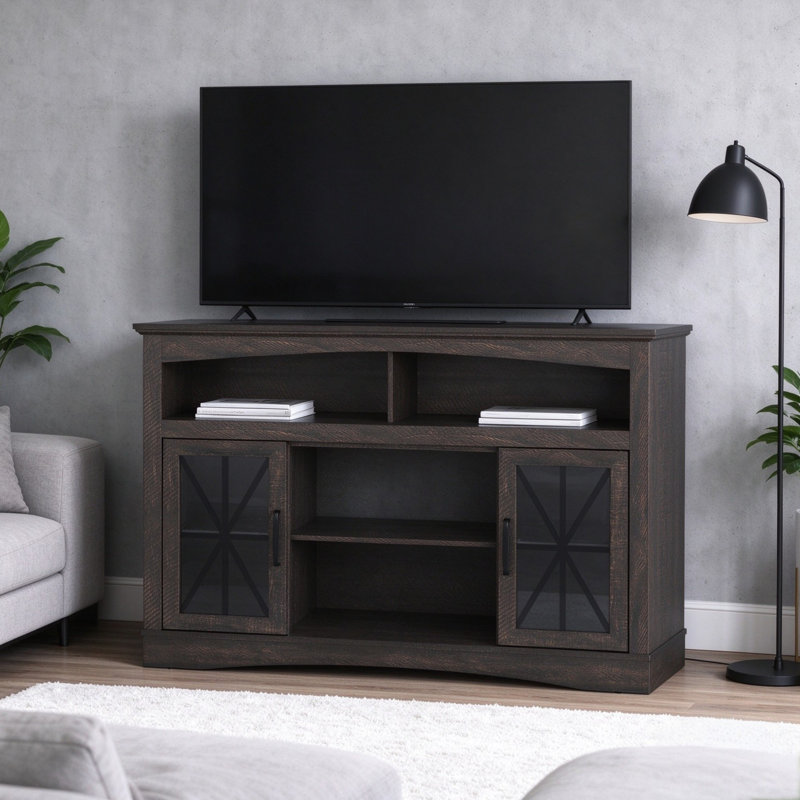 Meuble télé Lorraine de style ferme, brun, 120 cm de large, avec étagères réglables, portes vitrées et éclairage LED.