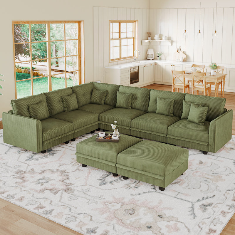 9 Seat Corduroy Convertible Modular Sectional Sofa With Storage, 7 Back Cushion 7 Throw Pillow, Green Corduroy