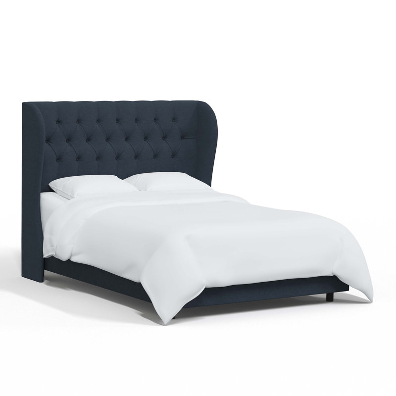 Lit tapissier capitonné standard à profil bas Tomey, Lin bleu marine classique, Lit simple