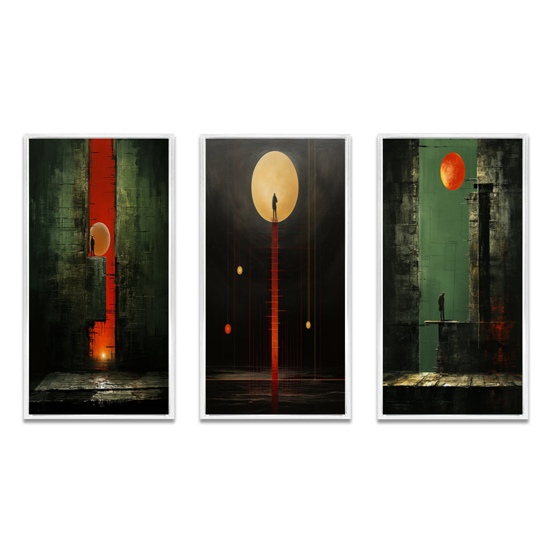 «Full Moon Urban Solitude Retro Minimal IV», 3 pièces sur toile, Cadre flottant blanc, H 32 po x l 48 po