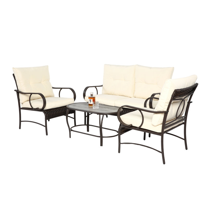 Ensemble de mobilier d'extérieur 4 pièces, ensemble de conversation pour terrasse, canapé et coussin, Beige