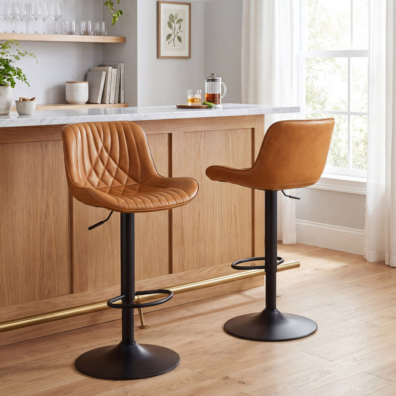 Zager Faux Leather Swivel Adjustable Height Bar Stool, Saddle Brown