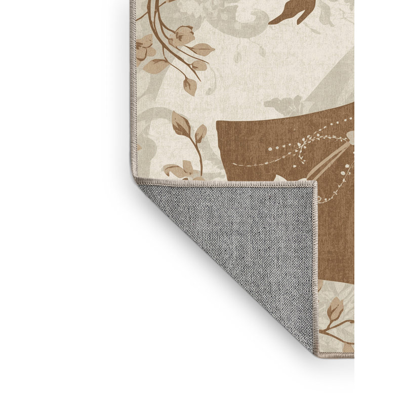 Machine Washable Oweda Belly Dancer Global Inspired Floral Rug in Beige – Beige Binding, 7x9