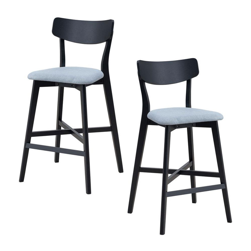Solid Wood Counter/Bar Stool (Set of 2), Blue Seat/Black Base