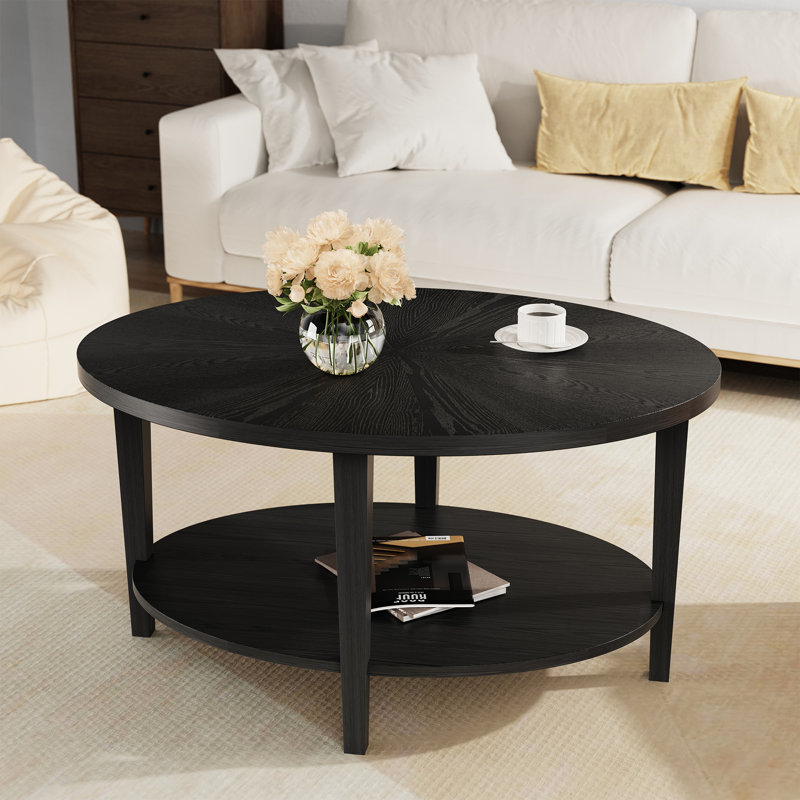 Table basse ovale en bois massif avec rangement à 2 niveaux, style Mid-Century moderne, Noir