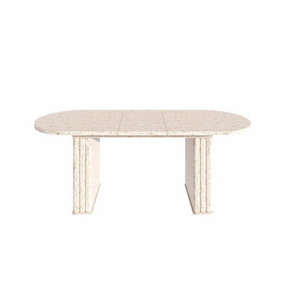 Travertine Texture Oval Extendable Dining Table, Wood Strip Base Household Dinner Table For 4-8 People