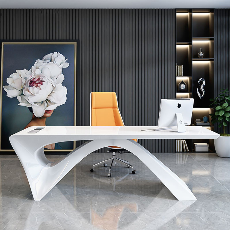 Bureau moderne moderne minimaliste blanc laqué ultra-brillant avec design créatif, H 29,53 po x l 47,24 po x P 23,62 po