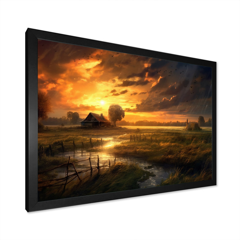 «Glorious Sunset Over Waterway In The Fields I», reproduction sur toile, H 16 po x l 32 po x P 1 po, Cadre simple noir
