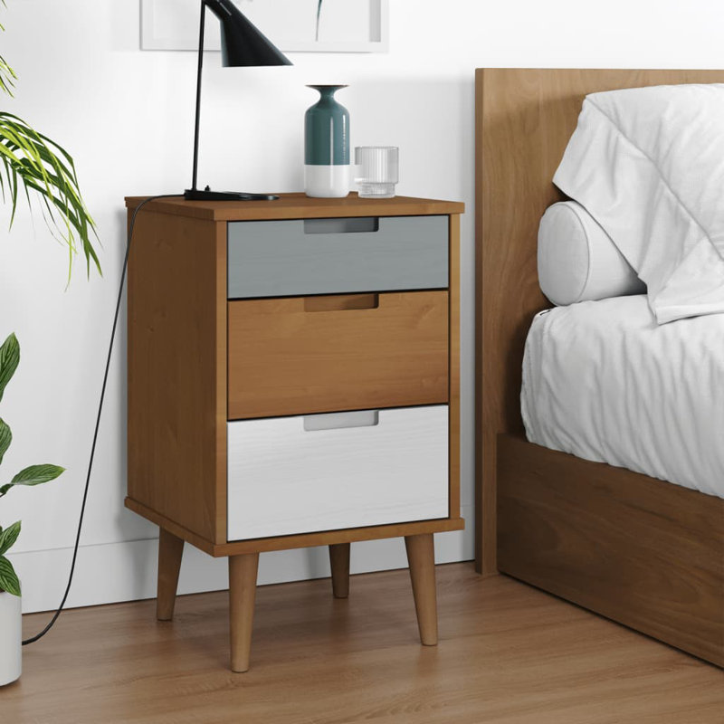 Hailley 40cm W Solid Wood Bedside Table, Brown/Grey