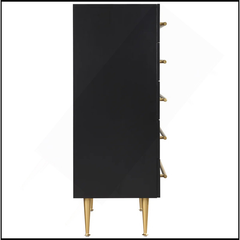 Commode contemporaine à 5 tiroirs avec détails dorés, commode 1 pièce pour chambre à coucher, unité de rangement en bois, noir
