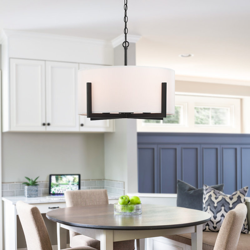 Luminaire suspendu lustre noir mat 4 lumières avec abat-jour tambour blanc Gaspara