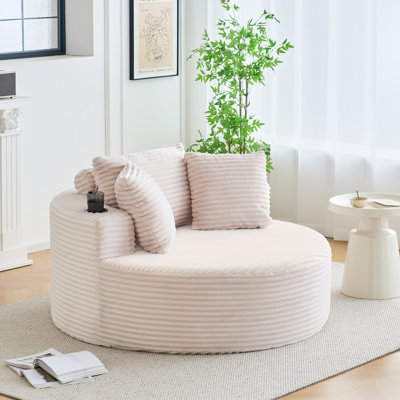 55" Oversized Round Chaise Lounge Chair Indoor, Upholstered Corduroy Deep Seat Circle Couch with Cup Holders, Large Cloud Sleeper Sofa for Living Room,Beige