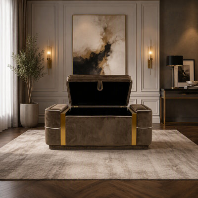 Banc ottoman de rangement en velours de 47,2 pouces avec accents métalliques dorés