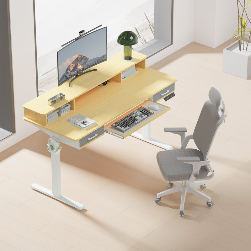 55" Inches Electric Standing Desk with Keyboard Tray, Height Adjustable Stand up Desk with 2 Drawers, Ergonomic Sit to Stand Desk with Storage Monitor Stand, Computer Table, Oak