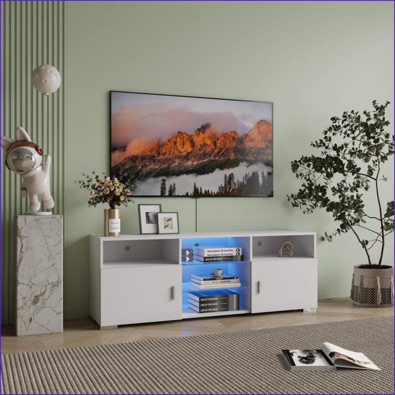 Meuble télé pour téléviseur de 32 à 60 pouces, centre de divertissement blanc moderne avec lumières DEL, tiroir et amp; Tablettes de rangement | Blanc | Moderne