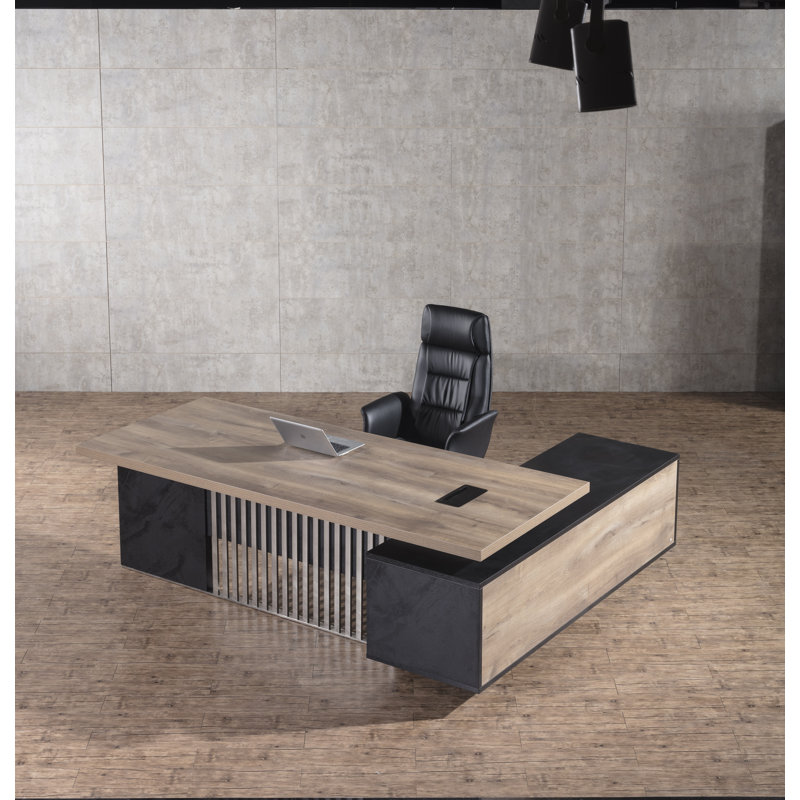 Grand bureau de direction de 70,8 pouces en acier inoxydable avec armoire à tiroirs, bureau en forme de L, bureau d'ordinateur avec ports de charge universels et gestion des câbles pour poste de travail pour bureau personnel (à gauche)