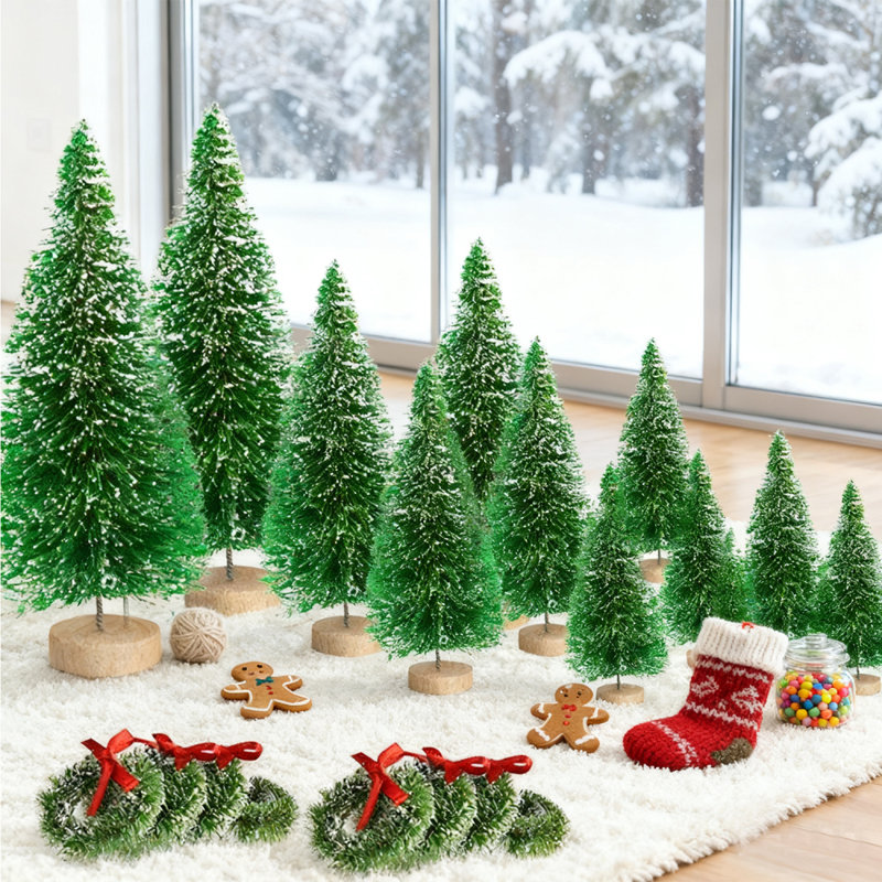 Mini arbre de Noël 12 pièces, table de base avec base en bois Mini arbre artificiel avec 4 tailles de sapin de table pour bouteilles de Noël
