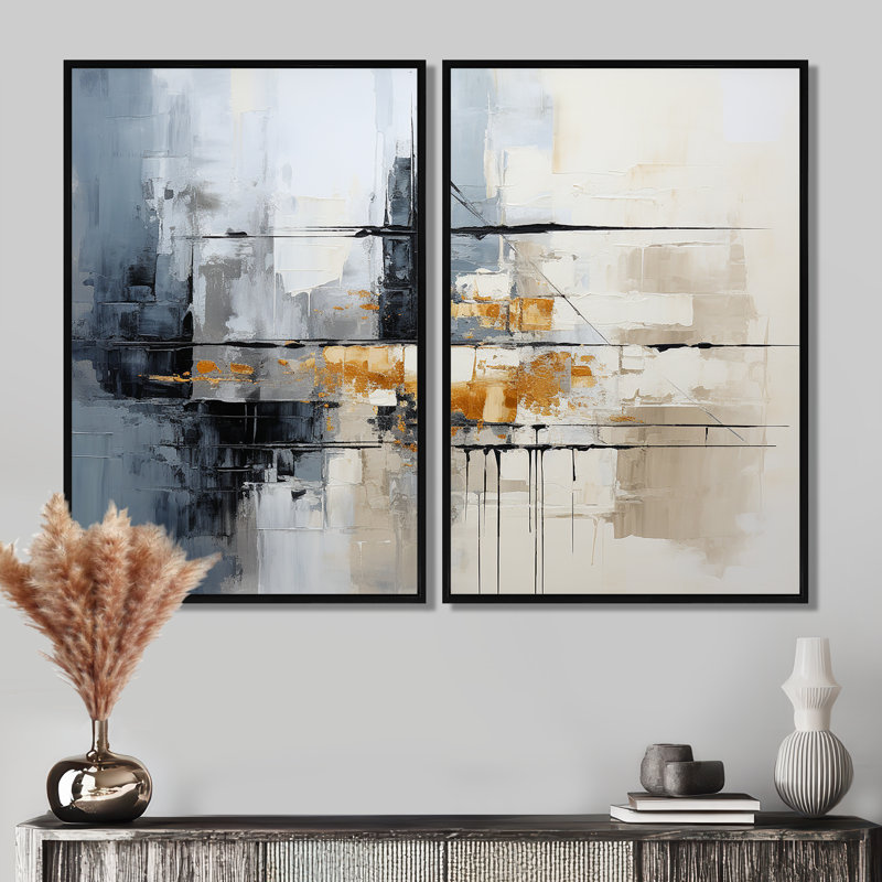 Clell - Art mural grand collage abstrait 2 pièces, Black, 36" H x 48" W, Impression encadrée flottante