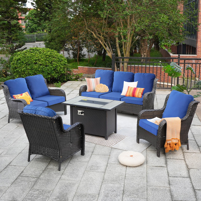 7 - Person Outdoor Seating Group With Cushions And Fire Pit, Navy
