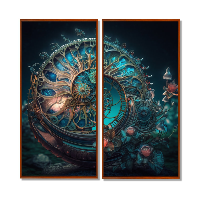 Bioluminescent Spiral Oceanic Astrolabe II - art mural bleu, H 32 po x l 32 po, Impression encadrée flottante, Brun