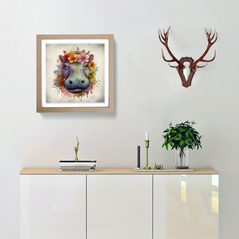 Hippo Floral Art - Framed Print, Oak