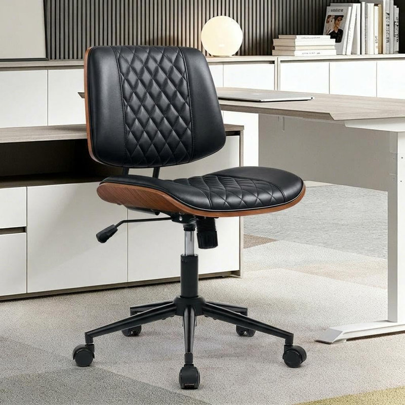 Fauteuil de bureau moderne sans accoudoirs, petit fauteuil de bureau en similicuir avec dossier réglable à 4 niveaux, Black