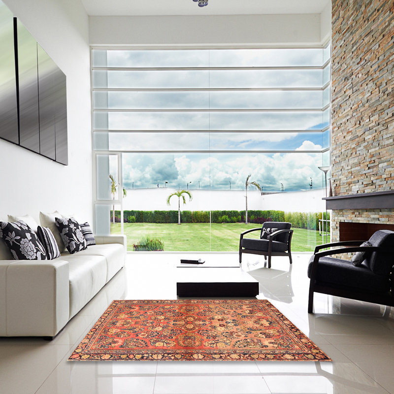 Tapis oriental orange / brun / bleu, Carré 7 pi