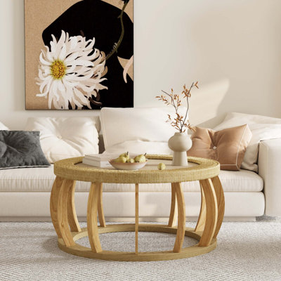 Table basse ronde en bois massif rétro avec pieds courbés pour une décoration élégante et fonctionnelle