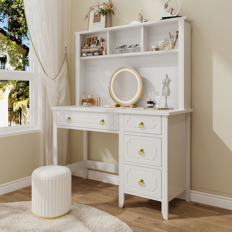 White Desk with Hutch, 47" Home Office Desk with Drawers, Executive Desk for Home Office, White and Gold Desk