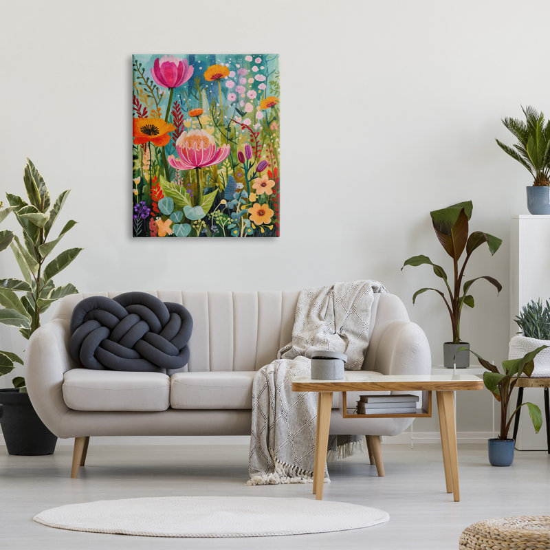 Peinture florale fantaisiste sur bois, H 40 po x l 30 po x P 1,5 po