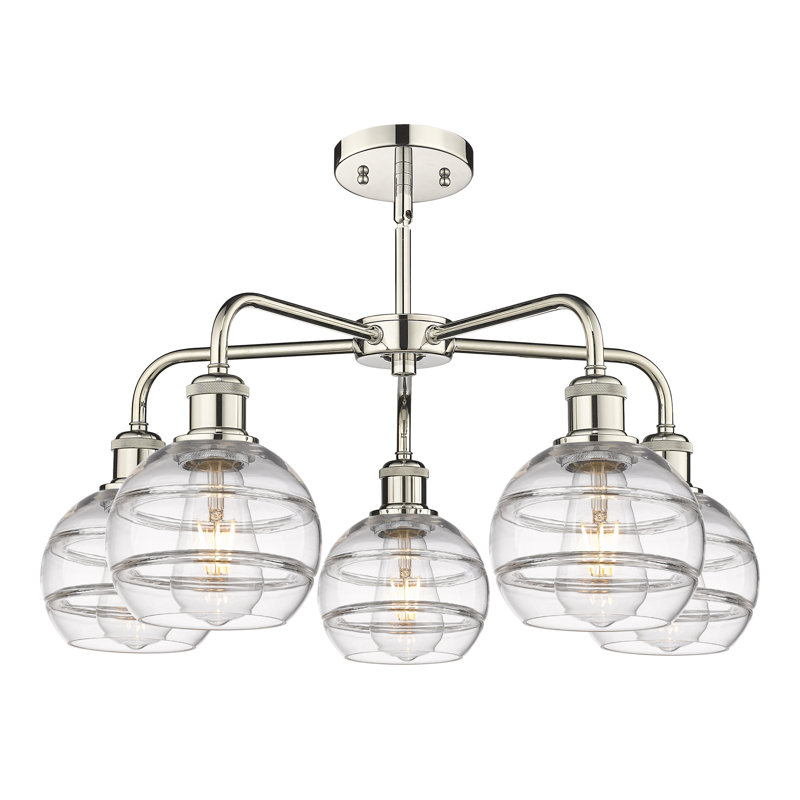 Lustre rond / ovale à abat-jour 5 lumières, H 13,38 po x l 23,88 po x P 23,88 po, Transparent, Nickel poli