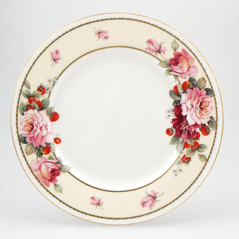 Assiettes à salade/dessert en porcelaine fine, décor pivoine et fraise à la crème, ensemble de 4