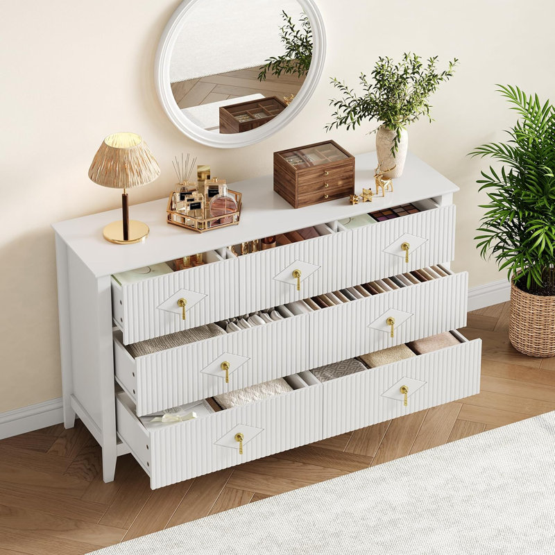 54-Inch Fluted Wood Dresser with 7 Drawers – Modern Storage Chest for Bedroom, Living Room, Hallway, Entryway, Black, White