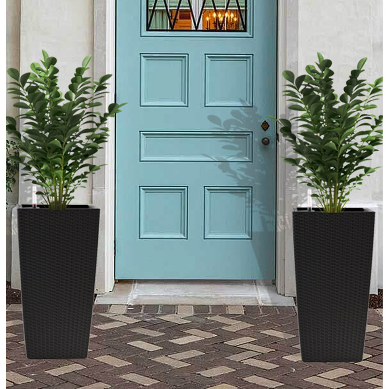 Indoor/Outdoor Modern Faux Rattan Design Square Planter, 22.6 Inch White Plastic Large Planter With Automatic Watering System For Home And Garden (22.6 Inch - 2 Pack)