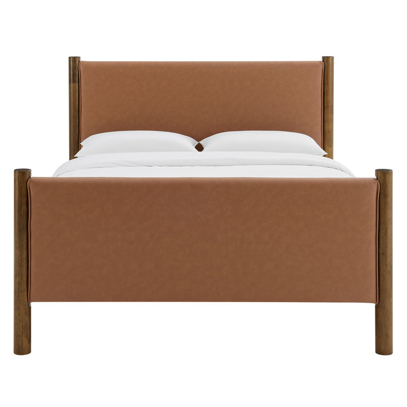 Maven Vegan Leather Upholstered Platform Bed, Solid + Manufactured Wood, Tan Walnut, Queen