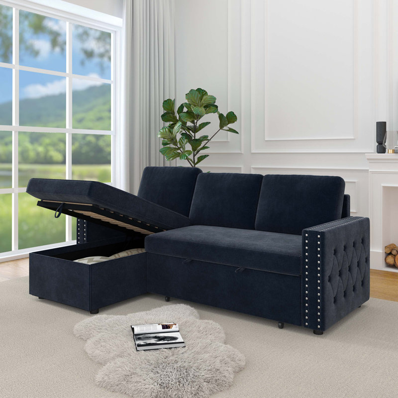 85.8" Pull Out Sleeper Sofa L-Shaped Couch Convertible Sofa Bed with Storage Chaise And Storage Racks, Blue Chenille