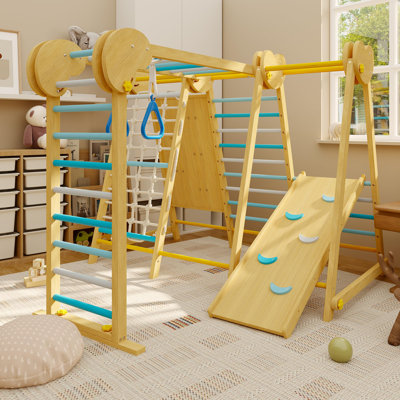 7-in-1 Wooden Indoor Jungle Gym Playset for Toddlers & Kids – Includes Slide, Climbing Wall, Monkey Bars, Play Gym – Safe, Compact Indoor Playground –