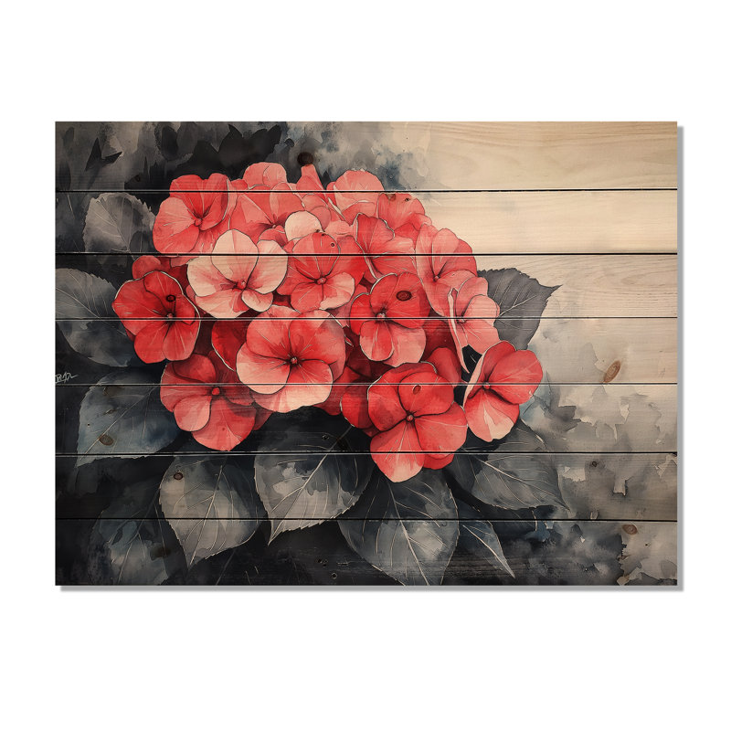 Monochrome Hydrangeas With Bold Red Accent II - Hydrangea Wood Print - On Natural Pine Wood, 24" H x 32" W