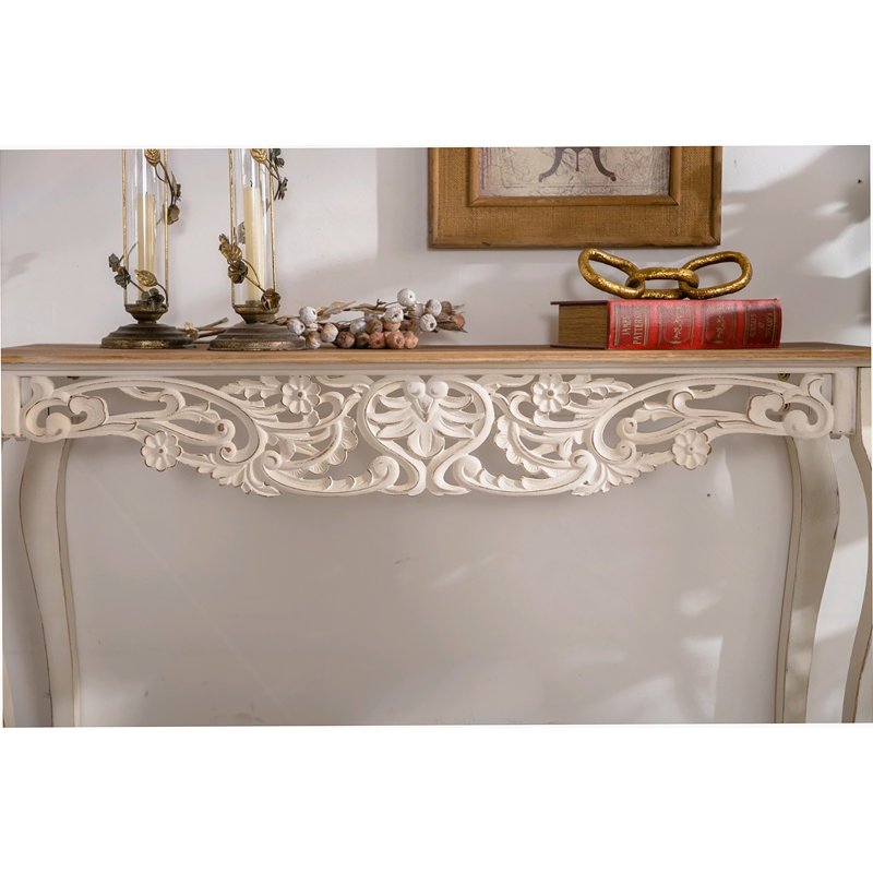 VELOVE Antique White Console Table With Carved Details, Distressed Console Table, Vintage French Country Entry Table With Wood Carvings And Curved Legs For Hallway Living Room