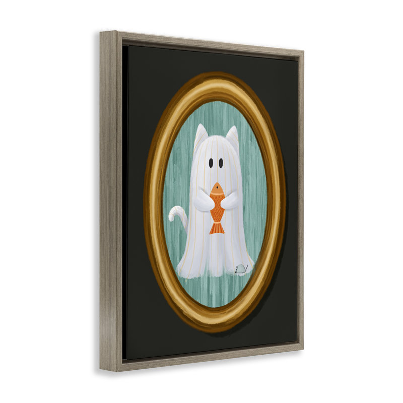 Chat fantôme avec cadre flottant poisson, design par Jennifer Stith, H 31 po x l 25 po, Cadre flottant orme Montalcino